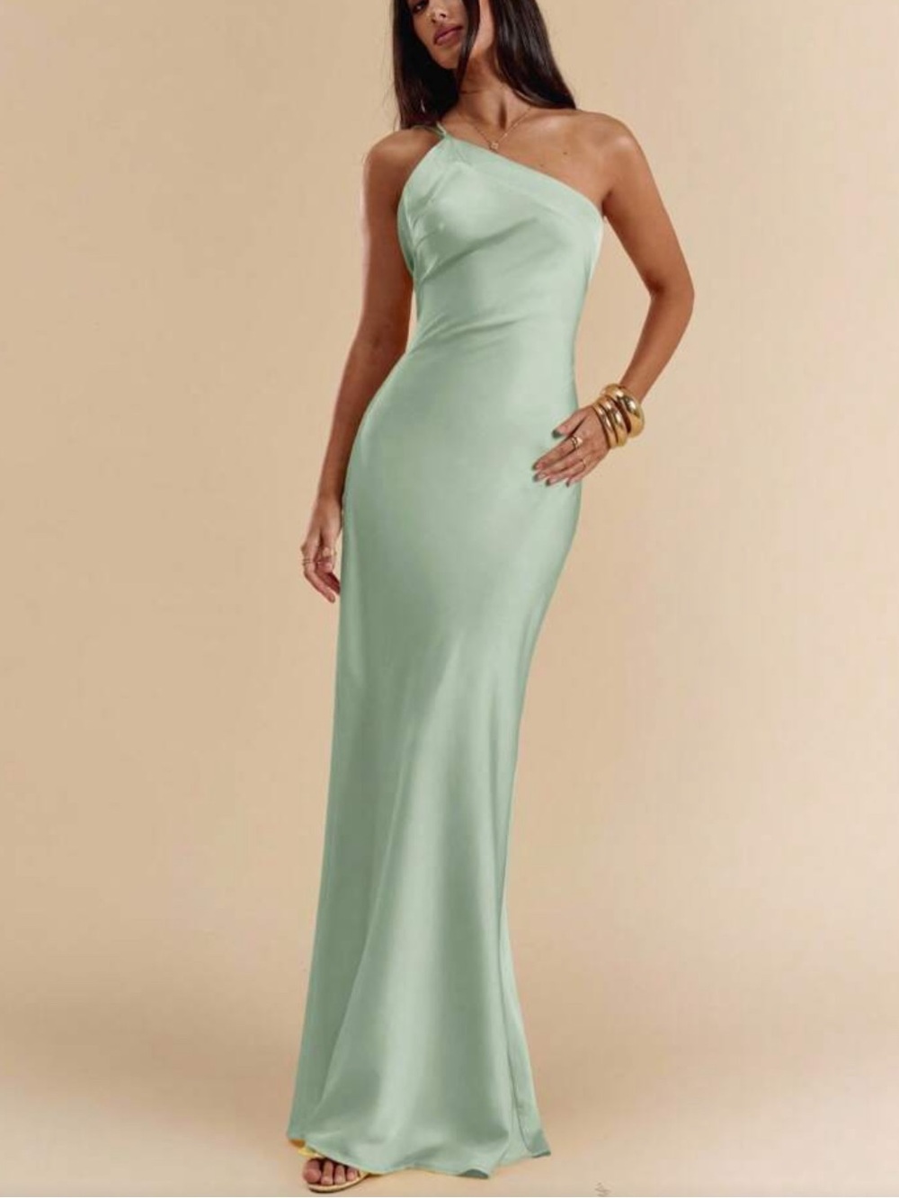 Green One-Shoulder Satin Evening Gown